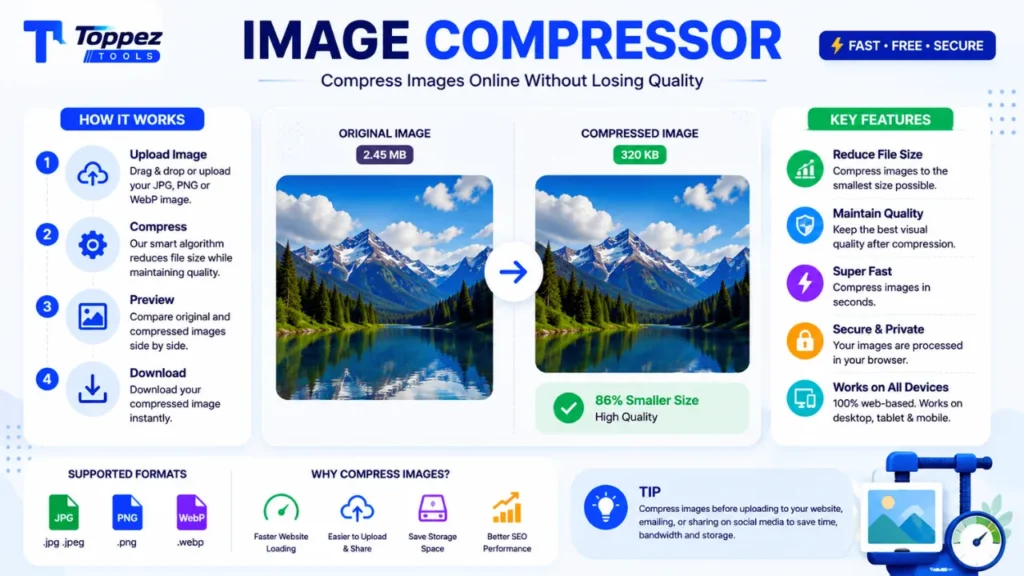 Image Compressor infographic showing how to upload, compress, preview, and download images