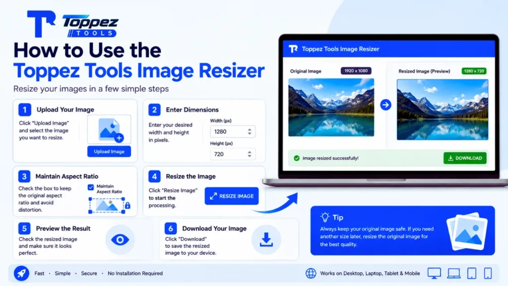 How to use Toppez Tools Image Resizer to upload, resize, preview, and download an image
