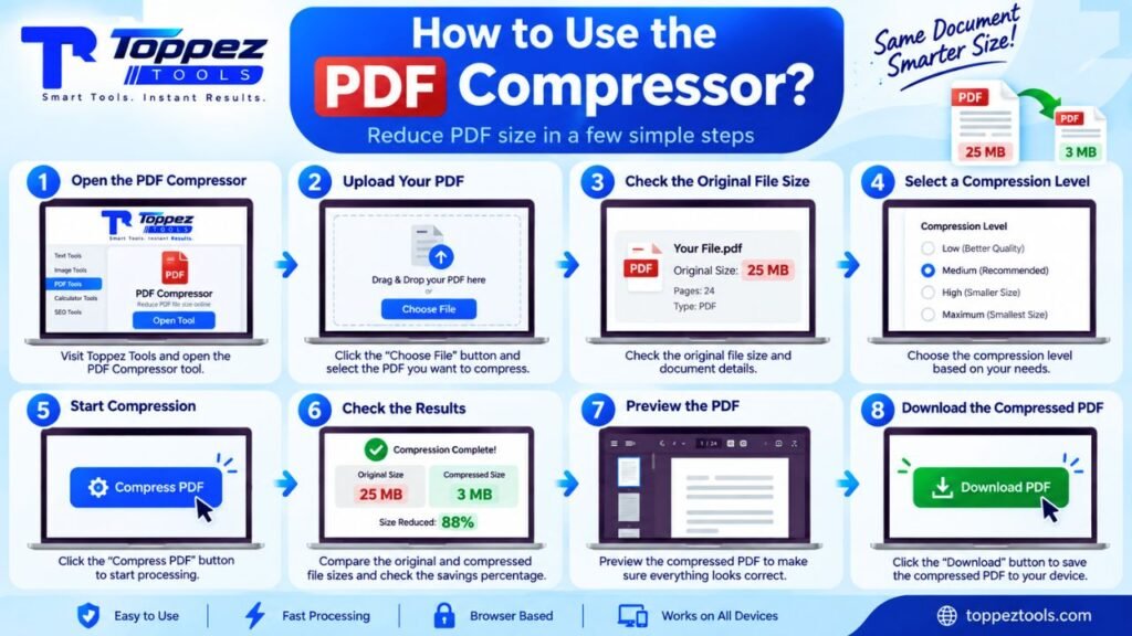 Step-by-step guide showing how to upload a PDF, select compression settings, compress the file, review savings, and download the result