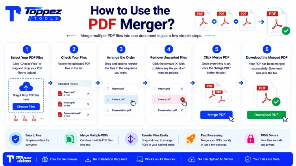 Step-by-step guide showing how to select, arrange, merge, and download multiple PDF files using the Toppez Tools PDF Merger