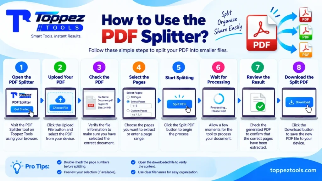 Step-by-step guide showing how to upload a PDF, select pages, split the document, review the result, and download the split PDF