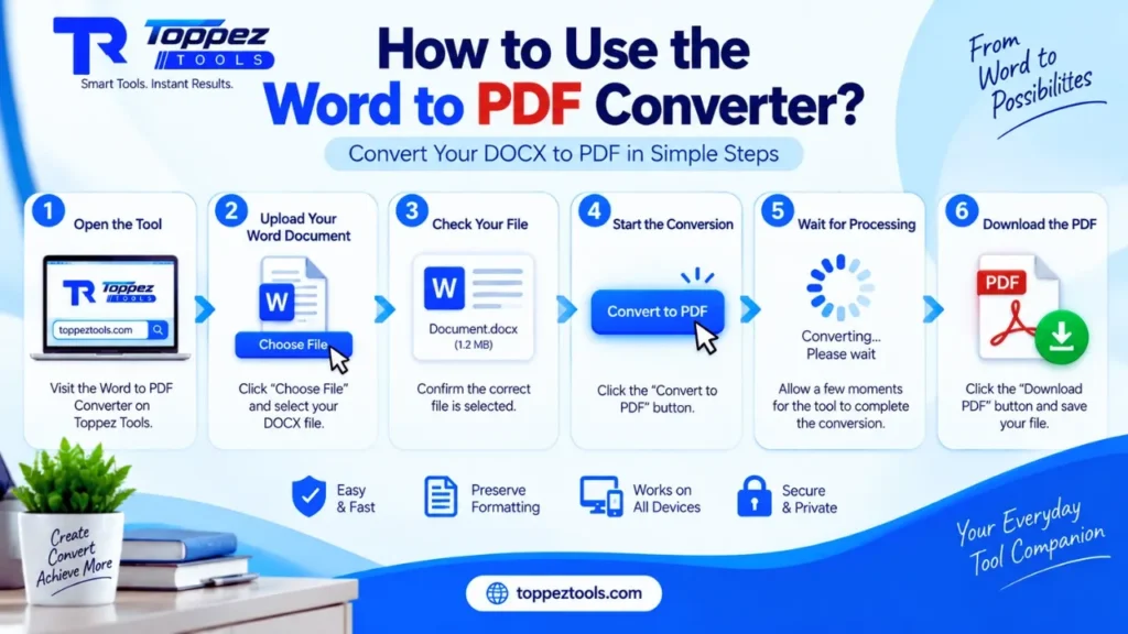 Step-by-step guide showing how to upload a DOCX file, convert it to PDF, and download the converted document