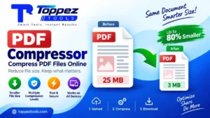 Toppez Tools PDF Compressor for reducing PDF file size with multiple compression levels and size savings tracking