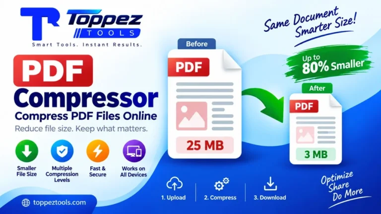 Toppez Tools PDF Compressor for reducing PDF file size with multiple compression levels and size savings tracking